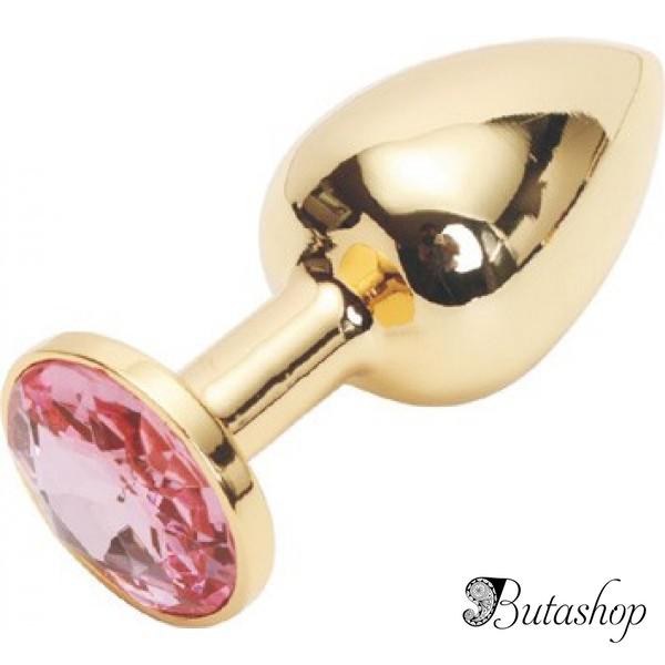 Золотая анальная пробка с розовым кристаллом, средняя - butashop.com