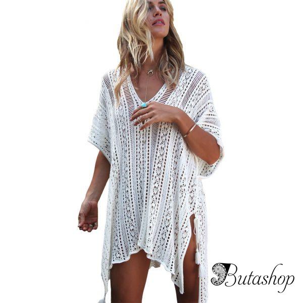 White Crochet Knitted Tassel Tie Kimono Beachwear - az.butashop.com