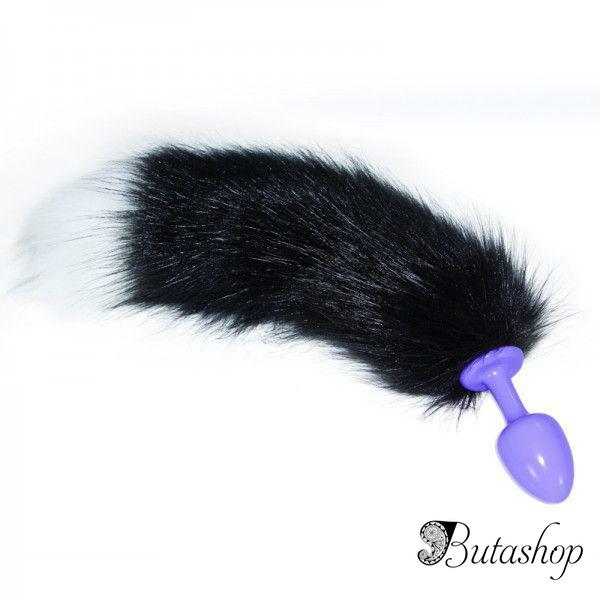 Фиолетовая анальная пробка с длинным чёрно-белым хвостом - az.butashop.com
