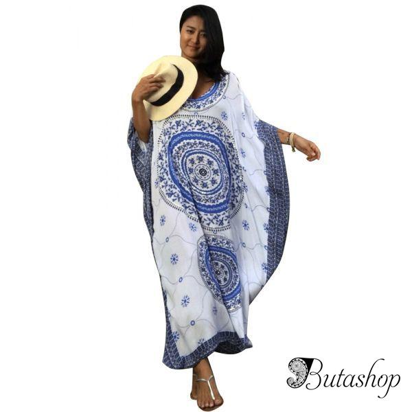 Blue Bohemian Print Kaftan Maxi Dress - az.butashop.com