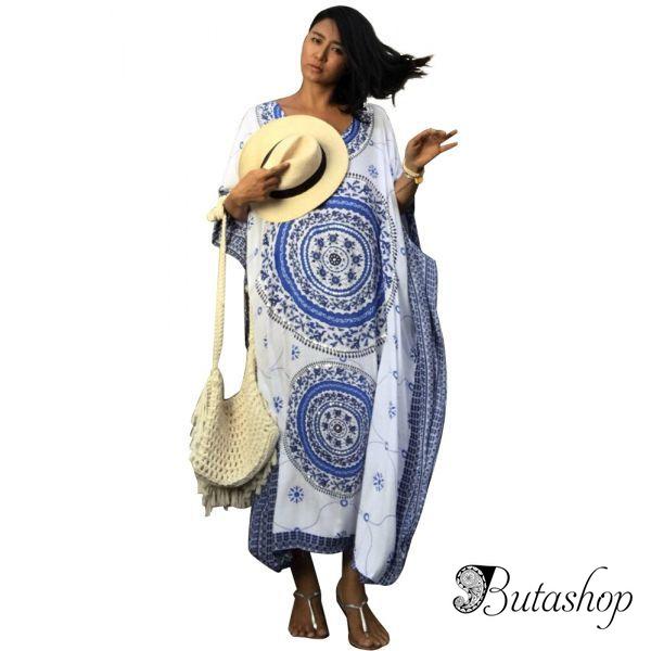 Blue Bohemian Print Kaftan Maxi Dress - az.butashop.com