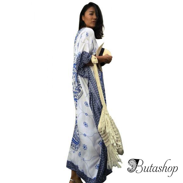 Blue Bohemian Print Kaftan Maxi Dress - az.butashop.com