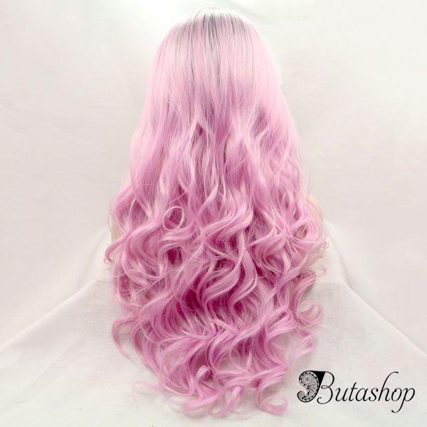 Длинный волнистый парик на сетке розовый омбре с черными корнями - az.butashop.com