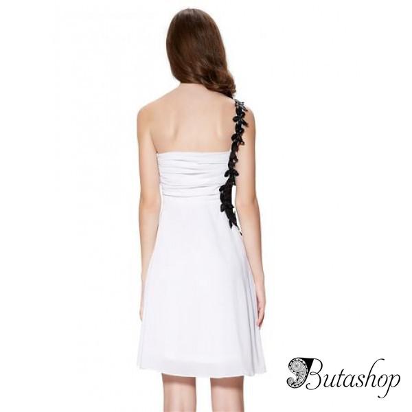 РАСПРОДАЖА! Чёрно-белое коктейльное платье украшено макраме в области плеча - az.butashop.com