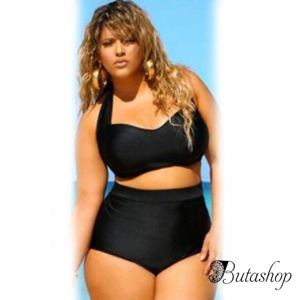 Black Halter Bandeau High Waist Plus Size Swimwear - az.butashop.com