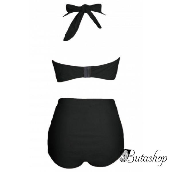 Black Halter Bandeau High Waist Plus Size Swimwear - az.butashop.com