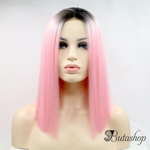 Реалистичный парик омбре на сетке ярко розовые прямые волосы каре - az.butashop.com