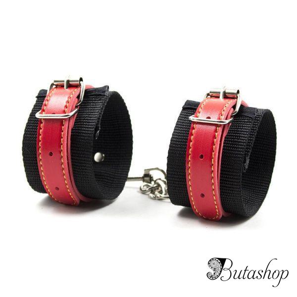 Черные наручники с кожаными красными ремнями - az.butashop.com