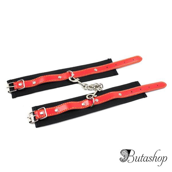Черные наручники с кожаными красными ремнями - az.butashop.com