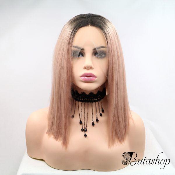Реалистичный парик омбре на сетке пастельно розовые прямые волосы каре - az.butashop.com