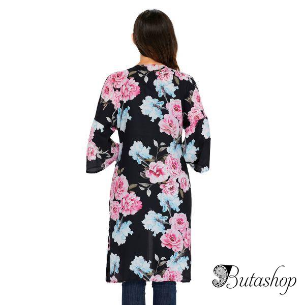 Black Floral Side Slit Boho Kimono - az.butashop.com