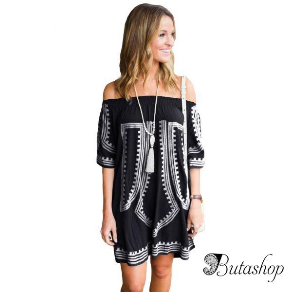 Black Bohemian Vibe Geometric Print Off The Shoulder Beach Dress - az.butashop.com