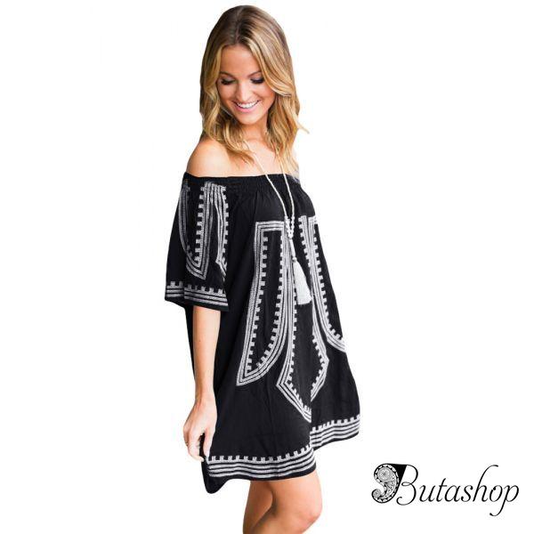 Black Bohemian Vibe Geometric Print Off The Shoulder Beach Dress - az.butashop.com