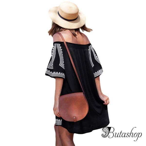 Black Bohemian Vibe Geometric Print Off The Shoulder Beach Dress - az.butashop.com