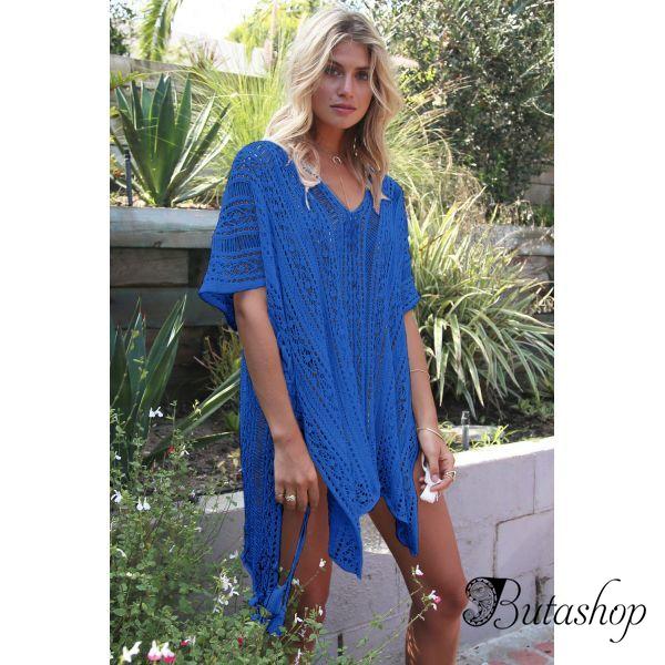 Cobalt Blue Crochet Knitted Tassel Tie Kimono Beachwear - az.butashop.com