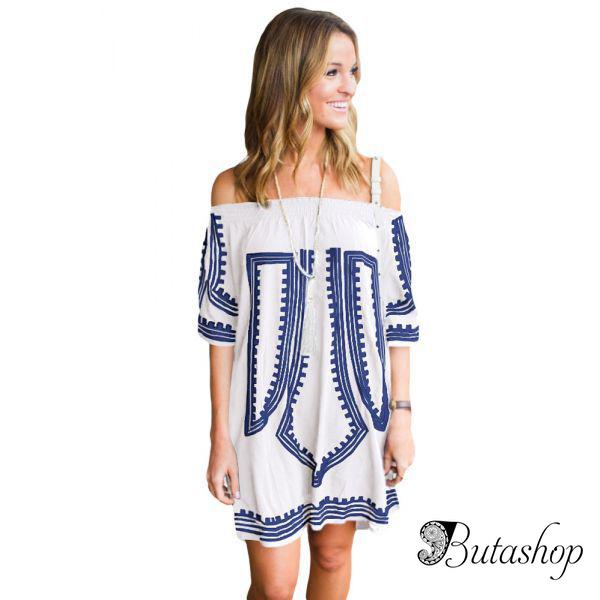 Белое платье с геометрическим принтом и открытыми плечами - az.butashop.com