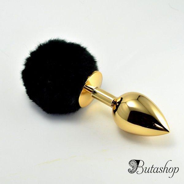 Золотая анальная игрушка с черным помпоном - az.butashop.com