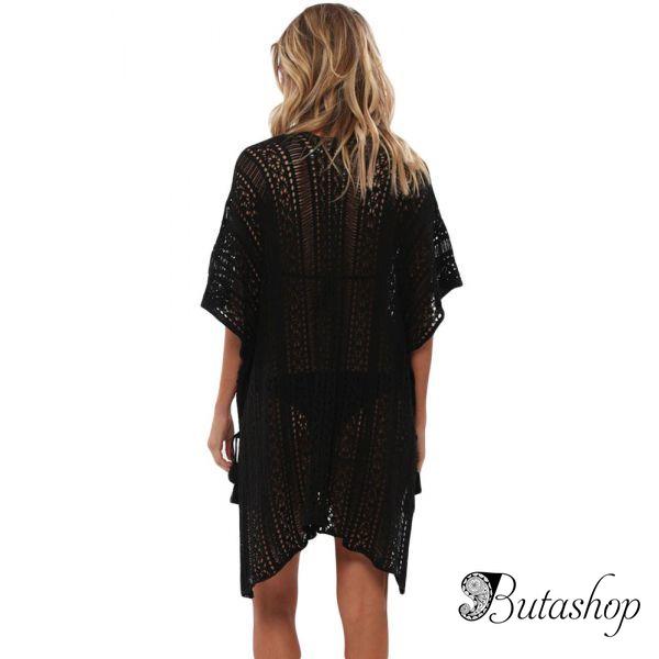 Black Crochet Knitted Tassel Tie Kimono Beachwear - az.butashop.com