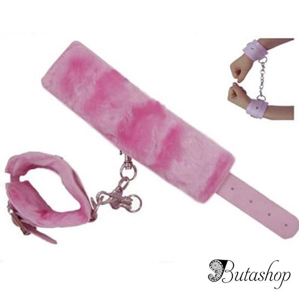 Розовые кожаные наручники с мехом - az.butashop.com