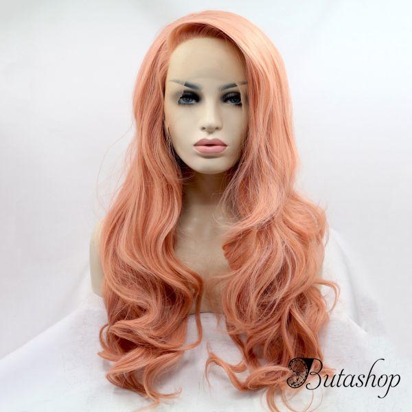 Реалистичный парик на сетке пастельно персиковые длинные вьющиеся волосы - az.butashop.com
