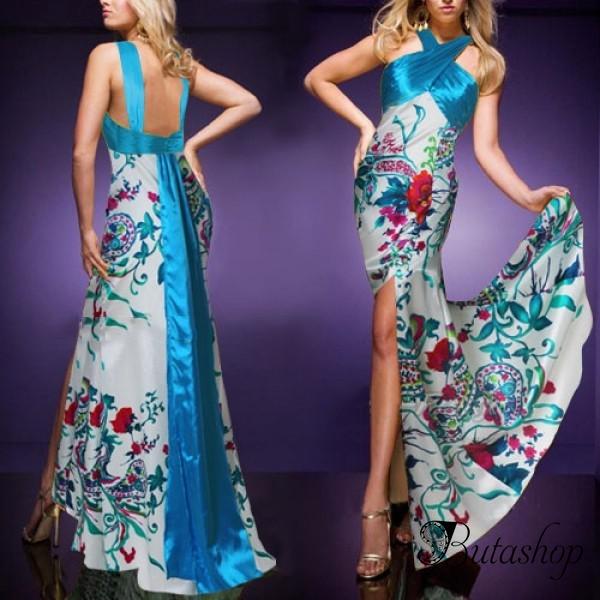 РАСПРОДАЖА! Вечернее элегантной платье с голубым принтом - az.butashop.com