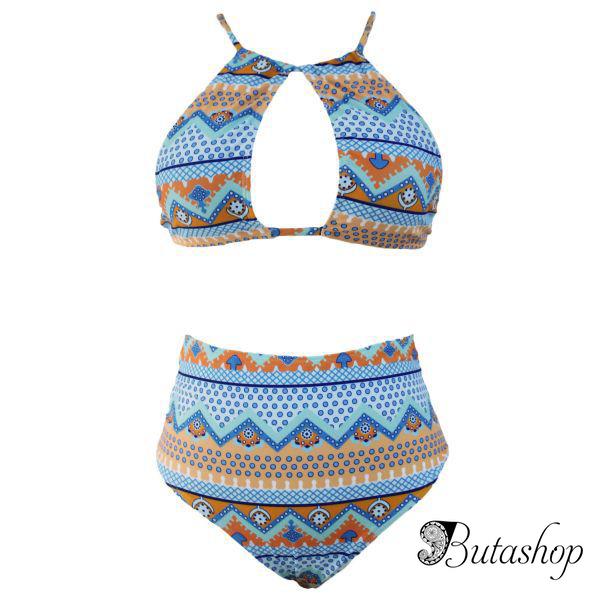 Halter Cut out Mix Printed High Waist Bottom Bikini - az.butashop.com